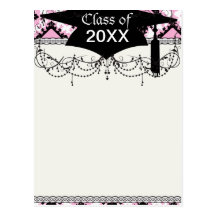 bold pink white black diamond damask graduation post card