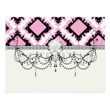 bold pink white black diamond damask pattern postcards