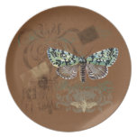 Botanical Moth Vintage Postage Stamps Swirls Brown Party Plate