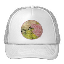 Bouquet of pink, yellow & peach roses mesh hats