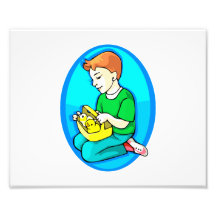 boy two chicks in basket blue oval art photo