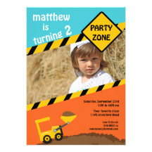 Boys 2nd Birthday Construction Photo Invitation