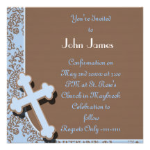 BOYS BLUE INVITATION WITH CROSS ANS DAMASK DESIGN