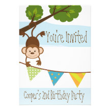 Boys Blue Monkey Birthday Party Invitation