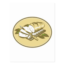 Bread Loaf With Knife and Board Woodcut Post Card
