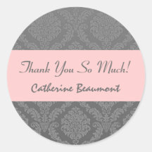Bridal Shower Thank You Gray and Pink Damask V45 Stickers