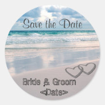 Bride & Groom Names Written in the Sand Round Sticker