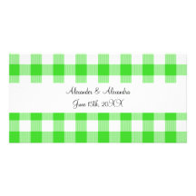 Bright green gingham pattern wedding favours photo card