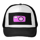 Bright Pink Camera. On Black. Mesh Hat