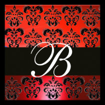 BRIGHT RED BLACK CLASSY DAMASK MONOGRAM , white invitations
