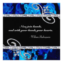 Brilliant Blue Roses & Diamond Swirls Wedding Personalized Announcements