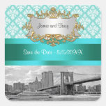 Brooklyn Bridge Turquoise Wht Damask Save Date Square Stickers