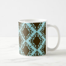 brown and blue diamond lovely damask pattern mugs