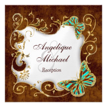 Brown aqua gold country RECEPTION wedding Invites