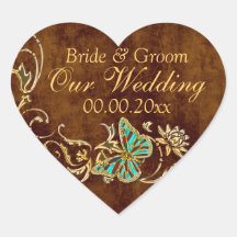 Brown aqua gold wedding engagement anniversary heart stickers