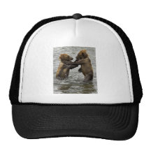 Brown bear cubs wrestling in the water mesh hat