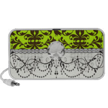 brown bird and lime green damask design mini speaker