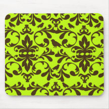 brown bird and lime green damask pattern mouse pads