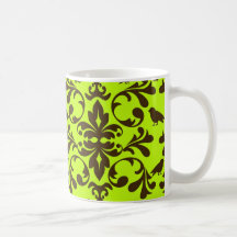 brown bird and lime green damask pattern coffee mugs