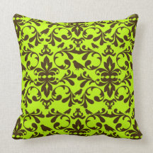 brown bird and lime green damask pattern pillow