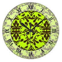 brown bird and lime green damask roman numerals round clock