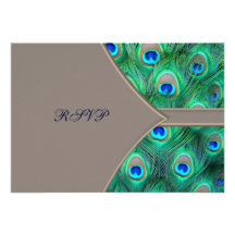 Brown Blue Peacock Wedding RSVP Announcements