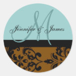 Brown Damask Wedding Blue Monogram Seal Stickers