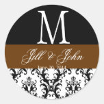 Brown Wedding Monogram Date Damask Seal Round Stickers