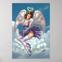 Brunette Angel Pinup with Heart Halo by Al Rio Print