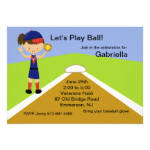 Brunette Haired Girls Softball Birthday Invitation
