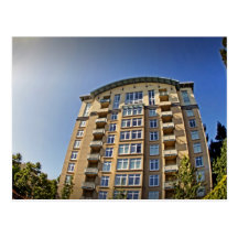 building shot with fisheye lens, on a post card