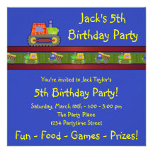 Bulldozer Blue 5th Birthday Party Invitation