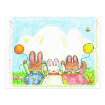 bunnies with balloons postcard