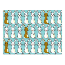 Bunny Parade Blue - Brown and White Bunbun Postcard