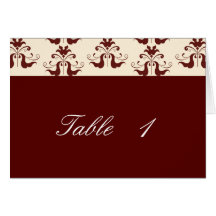 Burgundy and Cream Damask Wedding Table Number Card