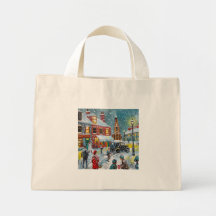 Busy street scene winter snow  Gordon Bruce art Bags