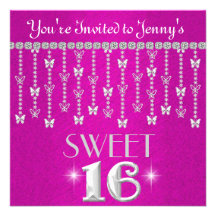 Butterfly BLING SWEET 16 HOT PINK Invitation