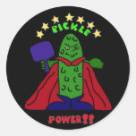 BZ- Pickle Power Superhero Pickleball Cartoon Round Stickers