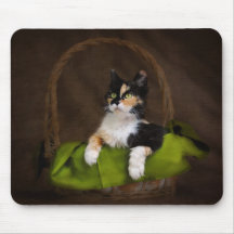 Calico Kitty Cat in Basket Classic Photo Mousepad