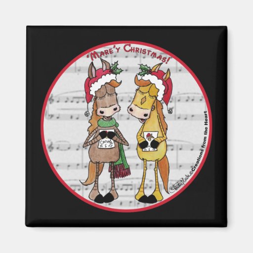 Caroling Horses 'Mare'y Christmas Round Fridge Magnet