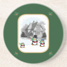 Caroling Penguins with Victorian House Coaster