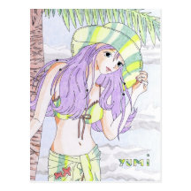 carte postale fille yumi sur la plage