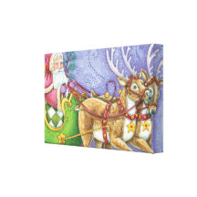 Cartoon Christmas, Santa Claus Sleigh Reindeer Gallery Wrap Canvas