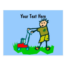 Cartoon Drawing Man Mowing Grass Post Cards