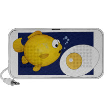 Cartoon fish and fried egg on blue background! travelling speaker