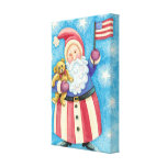 Cartoon Santa Claus American Flag Teddy Bear Gallery Wrap Canvas