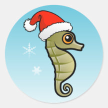 Cartoon Seahorse Santa Round Sticker