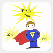 Cartoon Super Hero Thank You Square Stickers