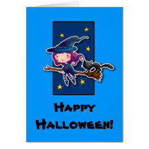 cartoon Witch and cat halloween card