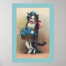 "Cat with Forget-me-Nots 2" Vintage Print